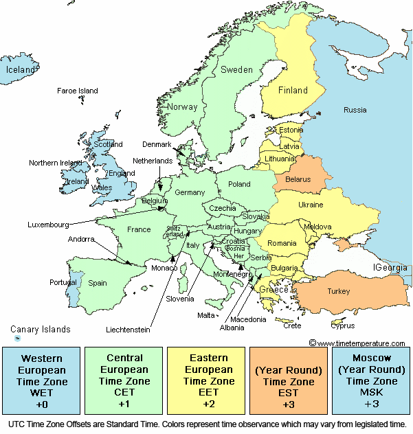 The Europe Time Zone Map shows the standard time zone divisions 