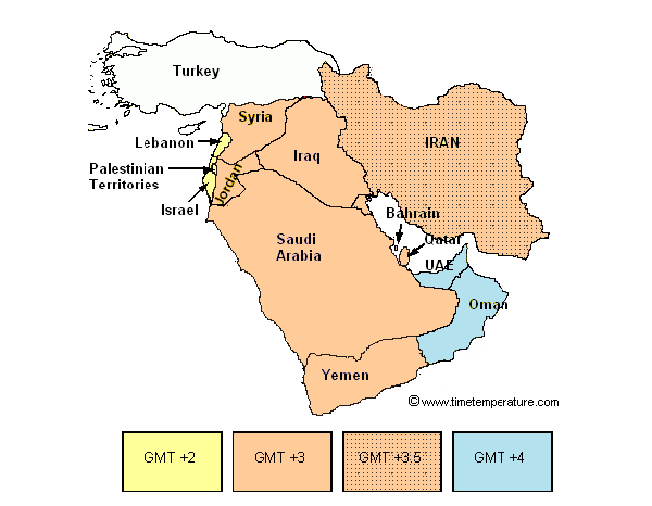 Time Zones  on The Middle East Time Zone Map Shows The Time Zone Divisions Observed