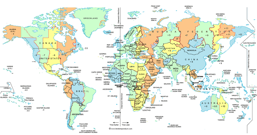 standard time zones of the world map. Time Zones MAP across the