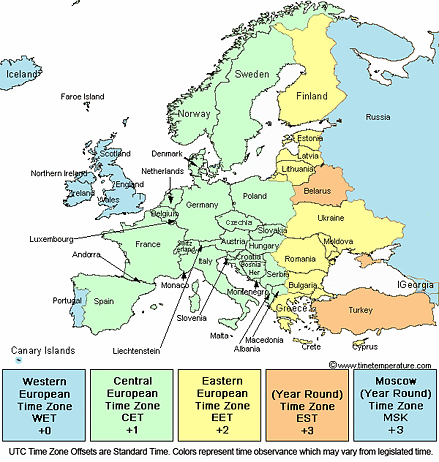 time zones map europe. Europe time zone map