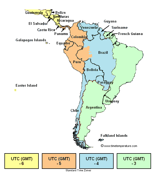 time zone map with times. South America Time Zone Map