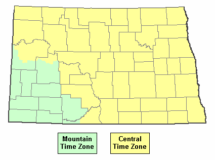 North Dakota time zone by county map